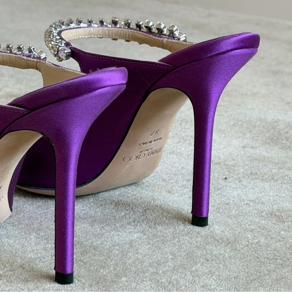 Jimmy Choo Bing 100 Satin Mules With Crystal Strap in pink violet, size 37